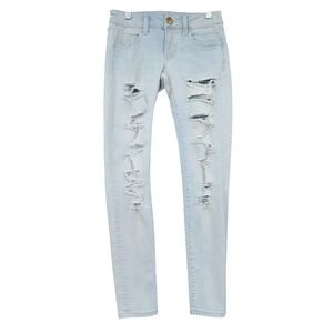 American Eagle Super Low Jegging Womens 00 Short Cotton Light Wash Blue Distress